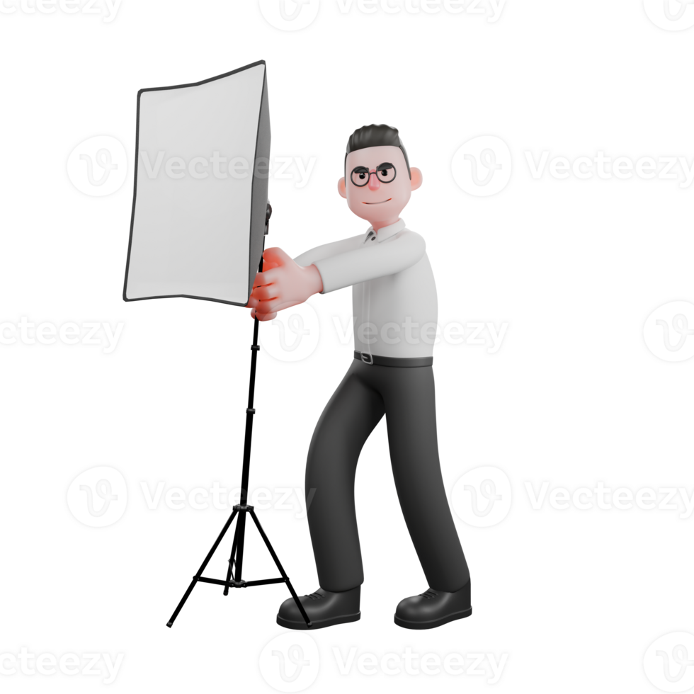 Film Scene 3D Producer.. A male producer walks with both hands carrying a studio light, wide smiling expression. 3D Style png