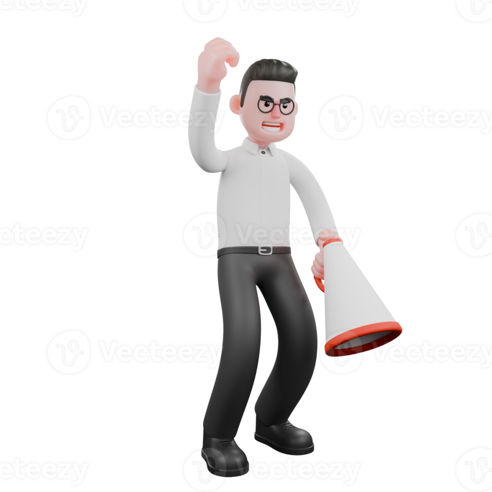Creative 3D Model. A male producer stands with both legs slightly bent, while his left hand holds a loudspeaker and his right hand is raised up. Film Style png