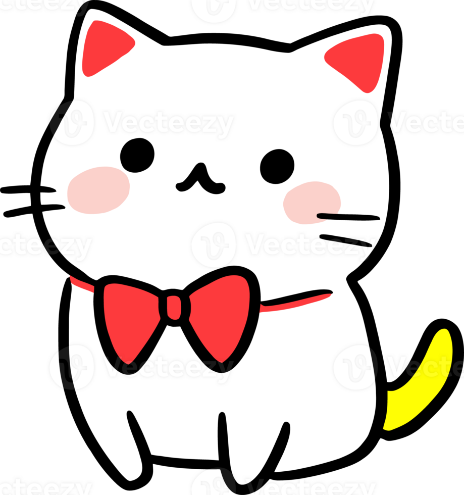 Cute Cartoon Cat with Red Bow and Yellow Tail - Adorable Kawaii Character in Minimalist Design png