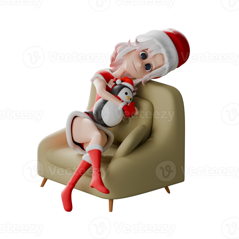 3D Cartoon Girls Santa Claus. A girl santa sits and leans on a sofa with both hands hugging a penguin doll. Holiday Festive Style png