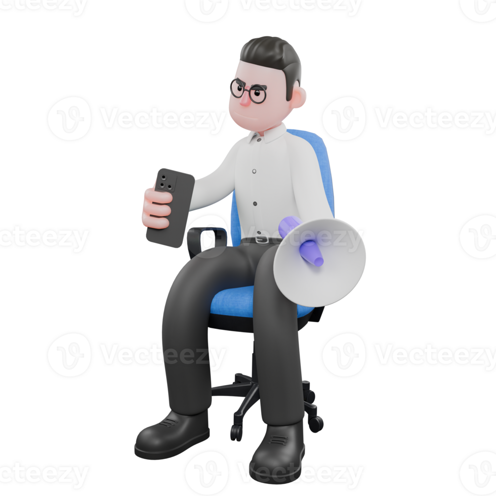 Movie Producer 3D Cartoon. A male producer sits on a chair with his right hand holding a cellphone while his left hand holds a loudspeaker, focused expression. Professional Model png