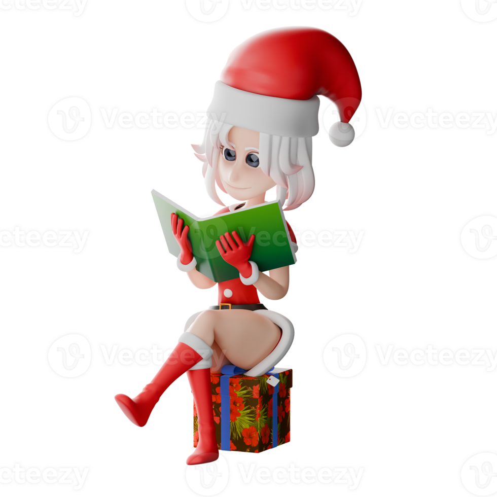 Girls Santa 3D Cartoon Model. A girl santa sits on a gift with both hands reading a book with a focused expression. Festive Christmas Style png