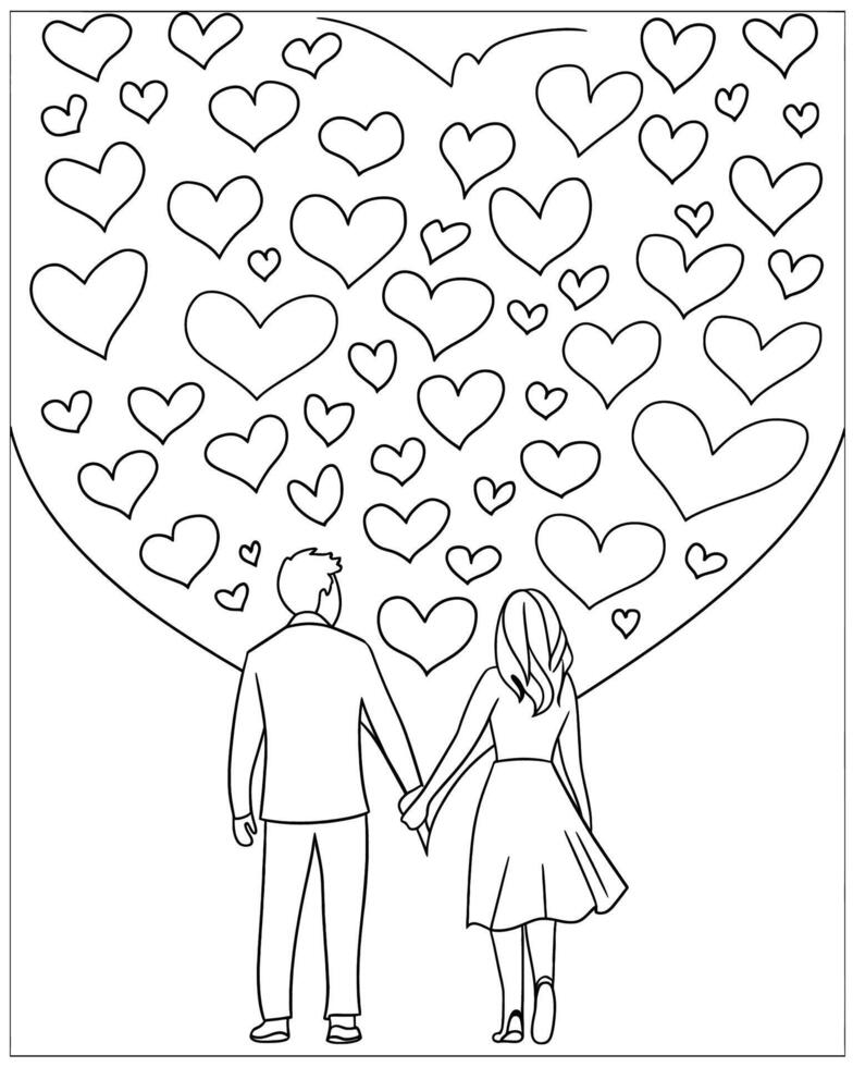 A drawing of a couple holding hands and looking at a heart vector