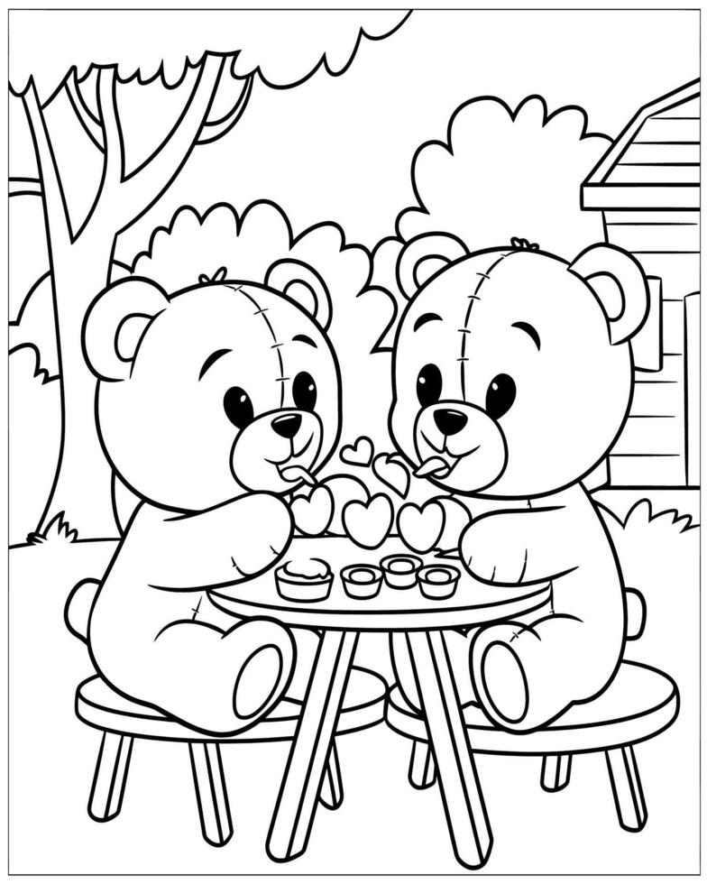 Valentines Day Coloring Page with Teddy Bears vector
