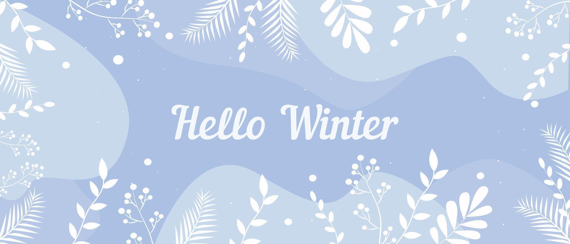 A light blue winter-themed background with white botanical elements and the text Hello Winter in the center. vector