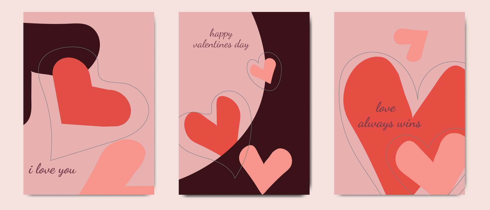 Three minimalist Valentines cards featuring abstract heart shapes, with text saying I love you, happy valentines day, and love always wins. vector