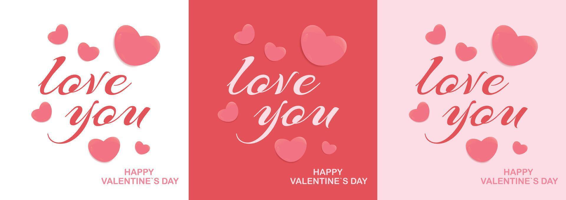 Three Valentines cards with the phrase love you, featuring pink hearts on different background colors with Happy Valentines Day text. vector