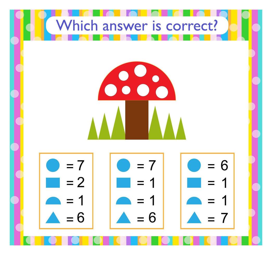 Math activity for kids. Find the correct answer. Cartoon mushroom. vector