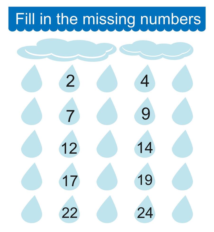 Math game for preschool and school age children. Educational material for kids. Fill in the missing numbers. Worksheet. illustration vector