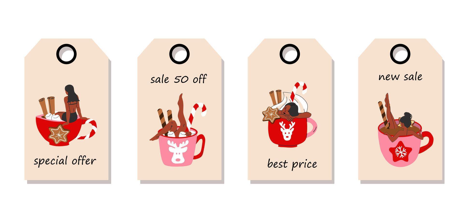 Set of discount price tags. Labels with woman is bathing in a cute holiday mug with a flat cartoon style, featuring a Christmas hot drink. Template for shopping tags. Christmas sale. vector