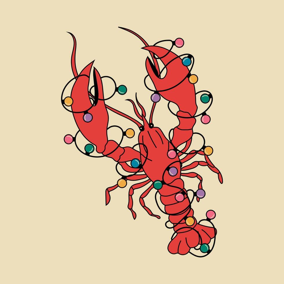 A lobster with Christmas lights on it vector