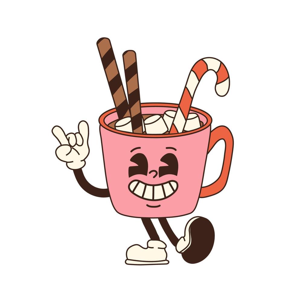 A retro cartoon cup of hot chocolate with marshmallows and a candy cane, designed as a Christmas mascot character vector