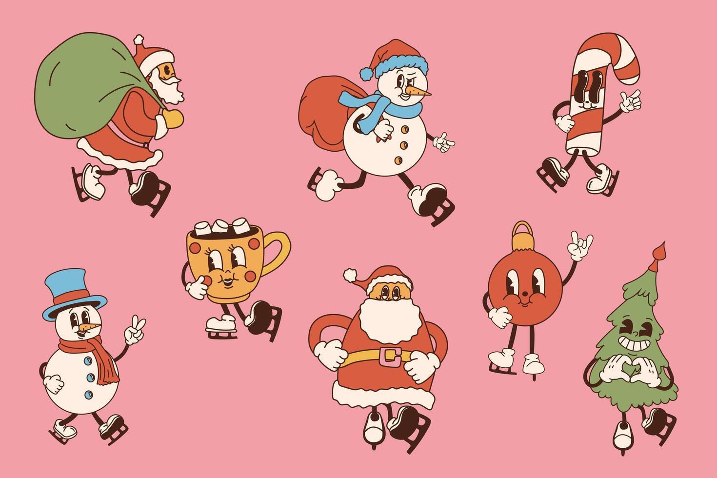 A set of retro cartoon Christmas characters on a pink background, inspired by the animation styles of the 40s, 50s, 60s, wearing skates and acting as Christmas mascots vector