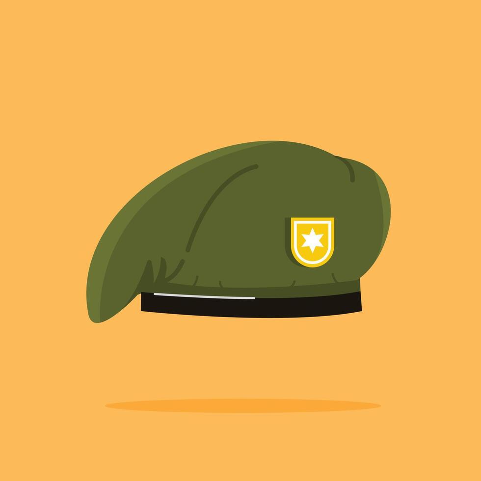 military army beret icon with gold pin, flat style green hat, suitable for posters and web icons vector