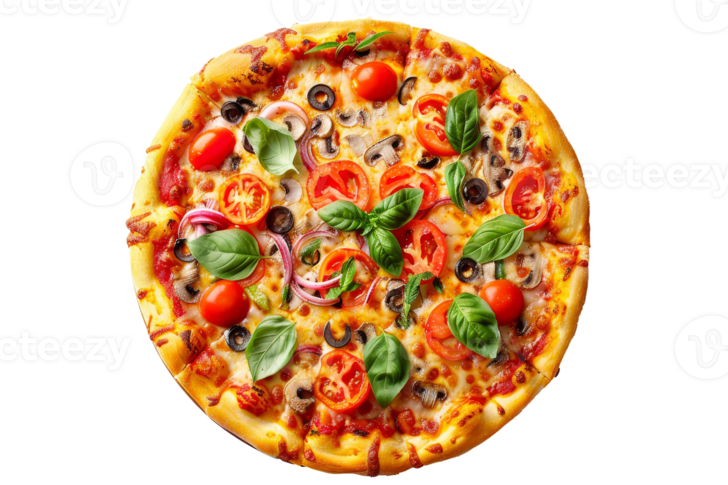 A pizza with tomatoes, olives, and other vegetables png