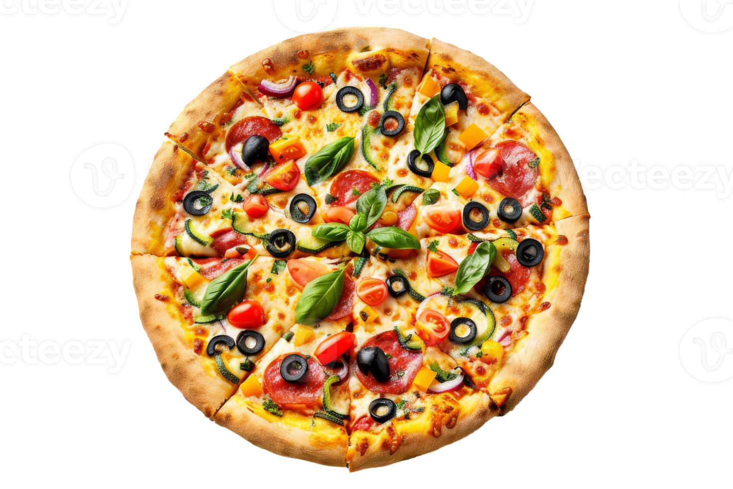 A pizza with olives, peppers and tomatoes png