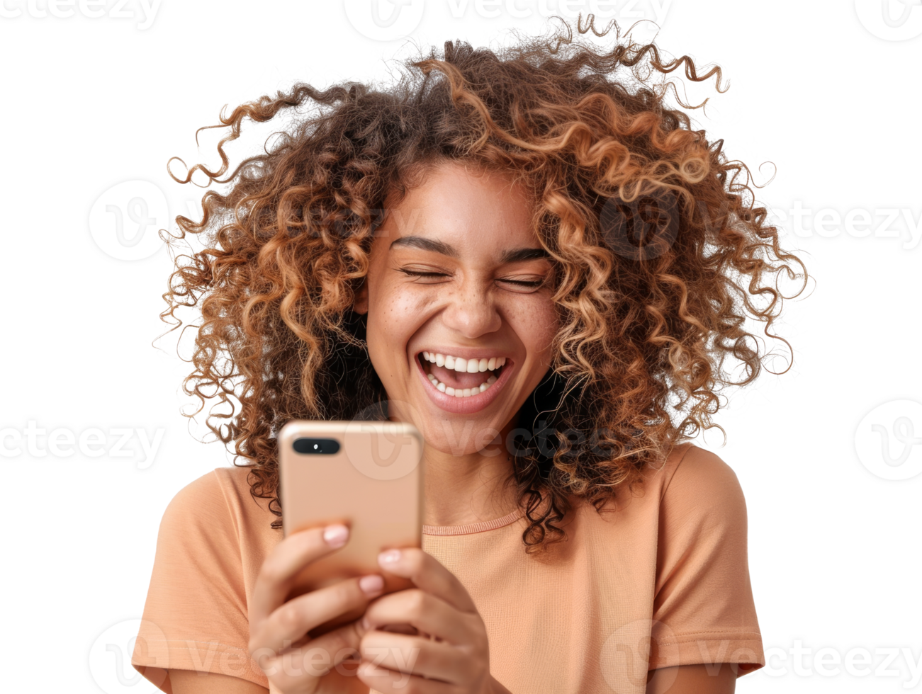 A woman with curly hair is smiling and holding her phone png