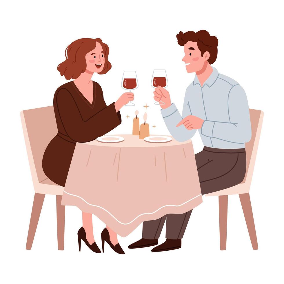 A couple in love drinks wine in a candlelit restaurant.Happy man and woman sitting at table and communicate in cafe vector