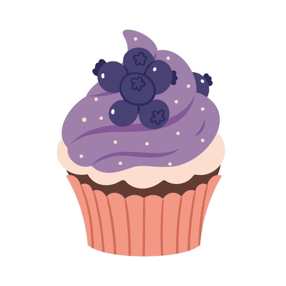 Chocolate cupcake with blueberries and vanilla cream.Chocolate cupcake with blueberry, blue cream, sugar sprinkles in cupcake paper. Cute cream berries pastries. Muffin dessert sweet, food. vector