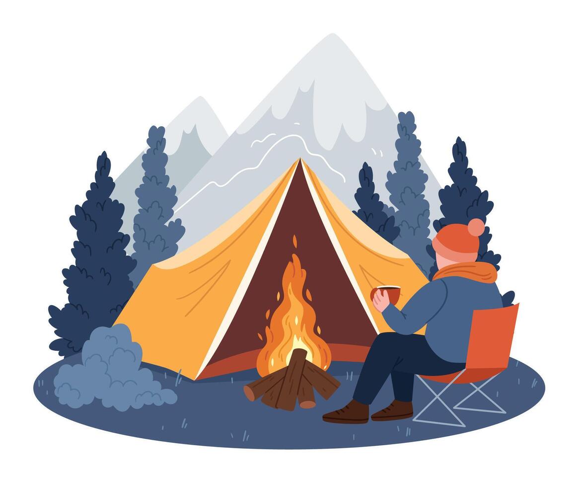 A man drinks coffee while hiking in a mountain forest. A yellow tent near a bonfire. vector