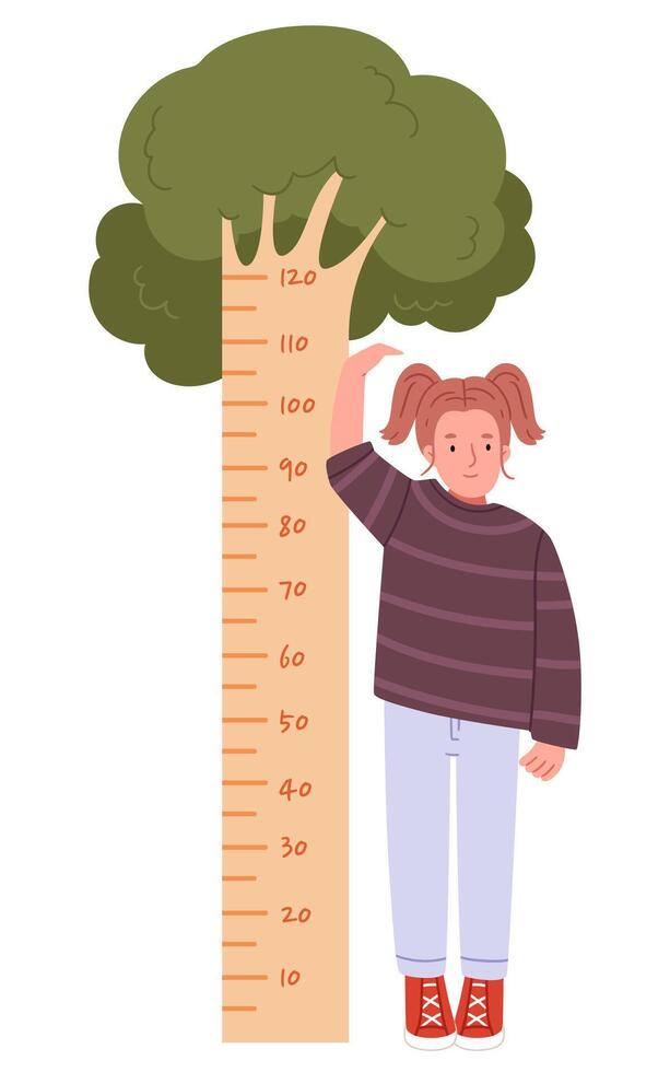 A girl checks her height near a growth ruler. vector