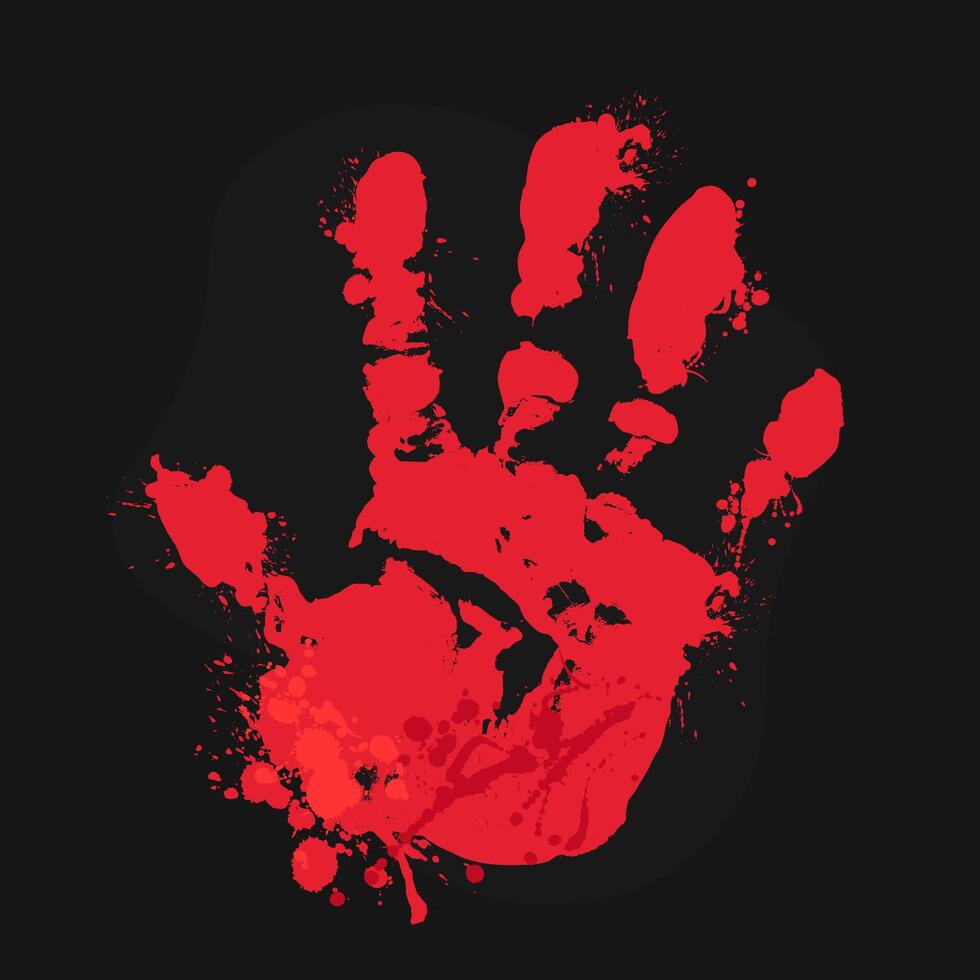 Bloody handprint with blood drops stains on black background. Halloween horror or crime concept vector