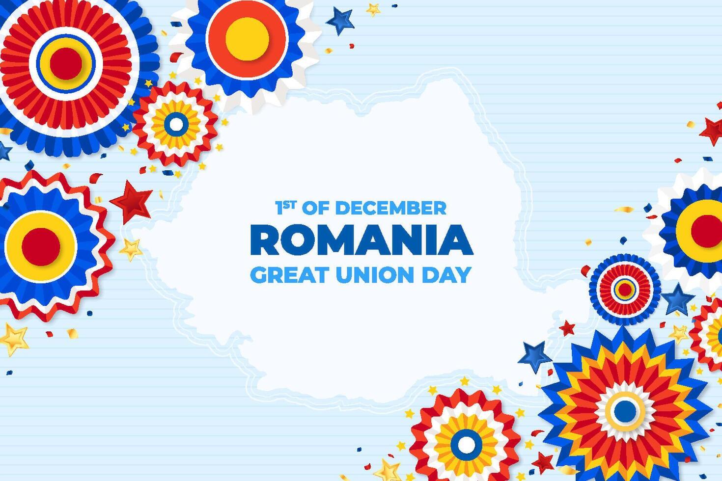 Romania National Day Banner, 1 December. Happy Romania independence day background with map, paper rosette and confetti vector