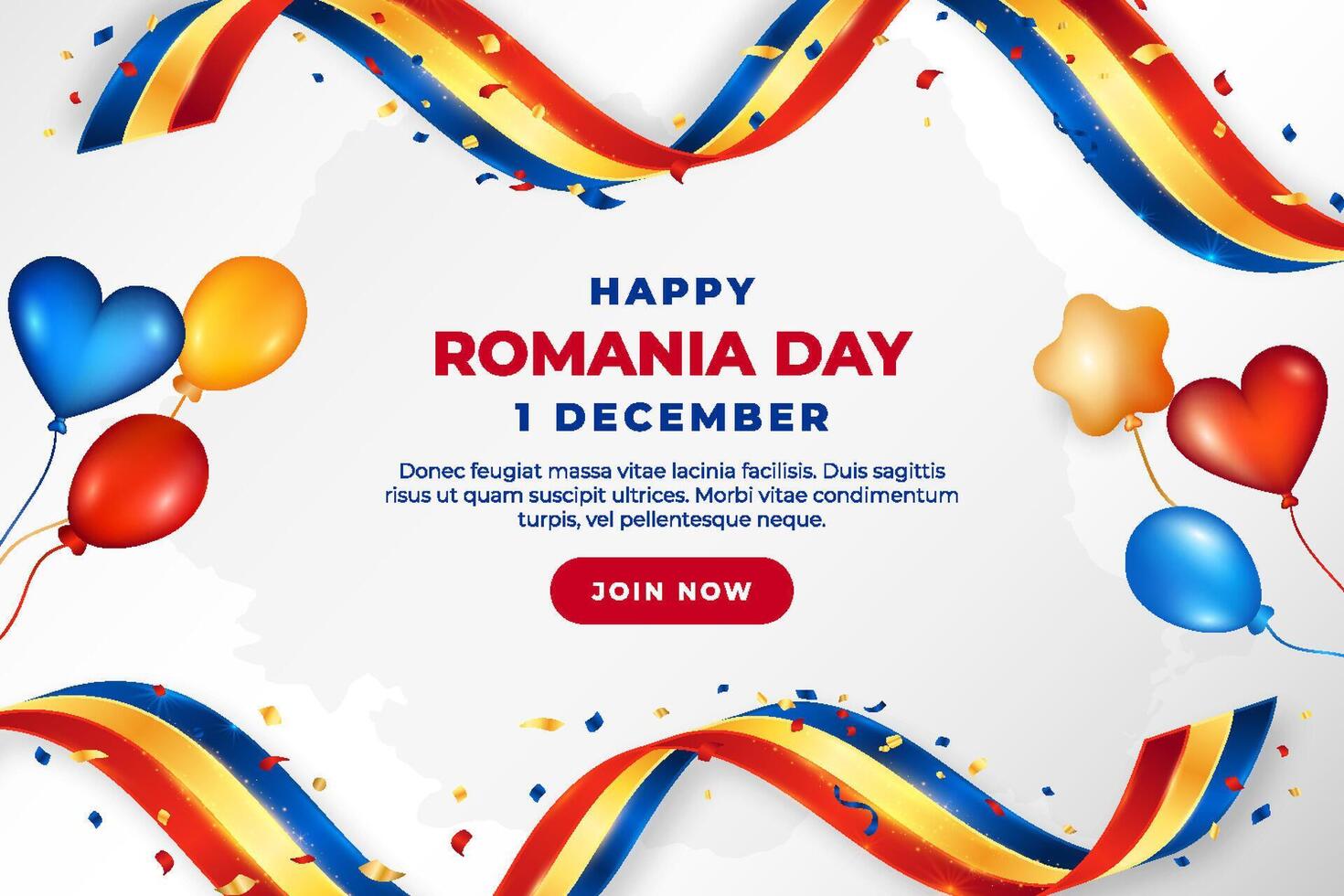 Romania National Day Background with Realistic Flag Ribbon, Confetti and Balloons. Romania Great Union Holiday, 1 December vector