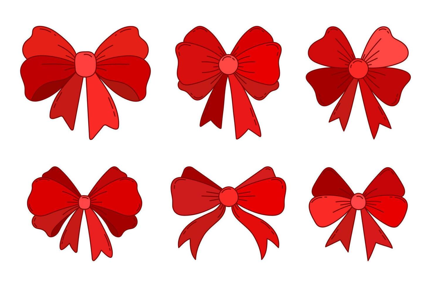 Red decorative bow set isolated on white background. Hand draw doodle bow coquette and ribbons set for gift wrapping, wedding, holidays, party design vector