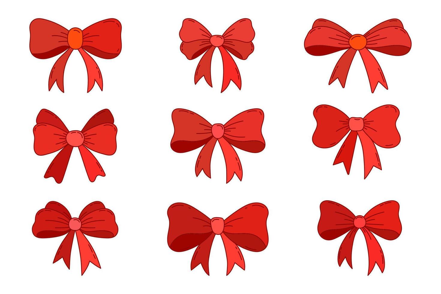 Red bow knots set isolated on white background. Hand draw bow coquette and ribbons set for gift wrapping, wedding, holiday, party design vector