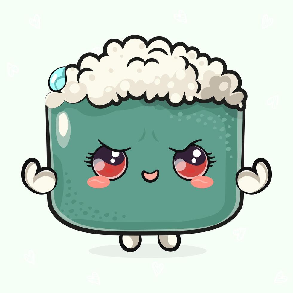 Cute funny Sushi strong. hand drawn cartoon kawaii character illustration icon. Isolated on light green background. Sushi shows muscles character concept vector