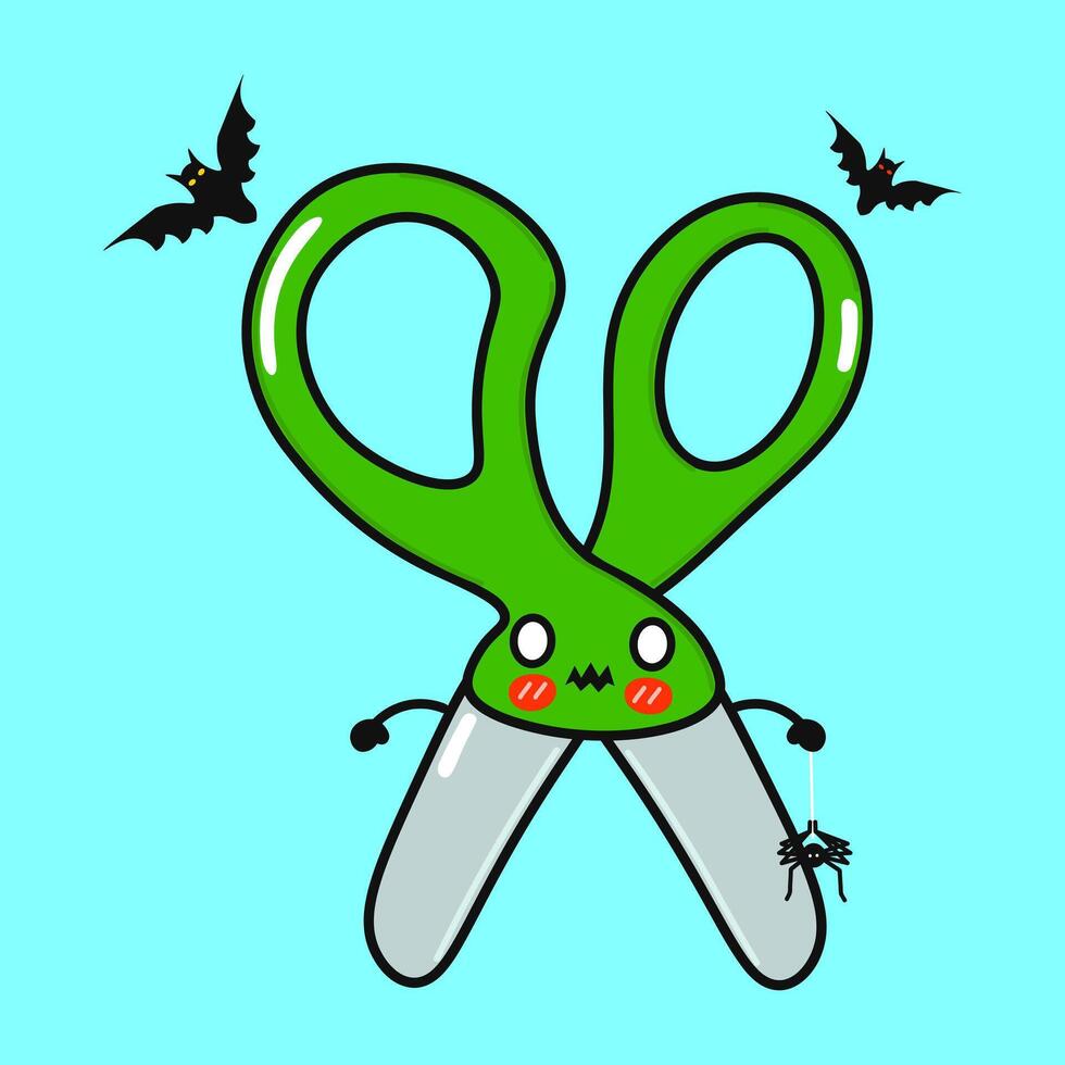Terrible Scissors character. hand drawn cartoon kawaii character illustration icon. Isolated on blue background. Zombie Scissors. Halloween concept vector