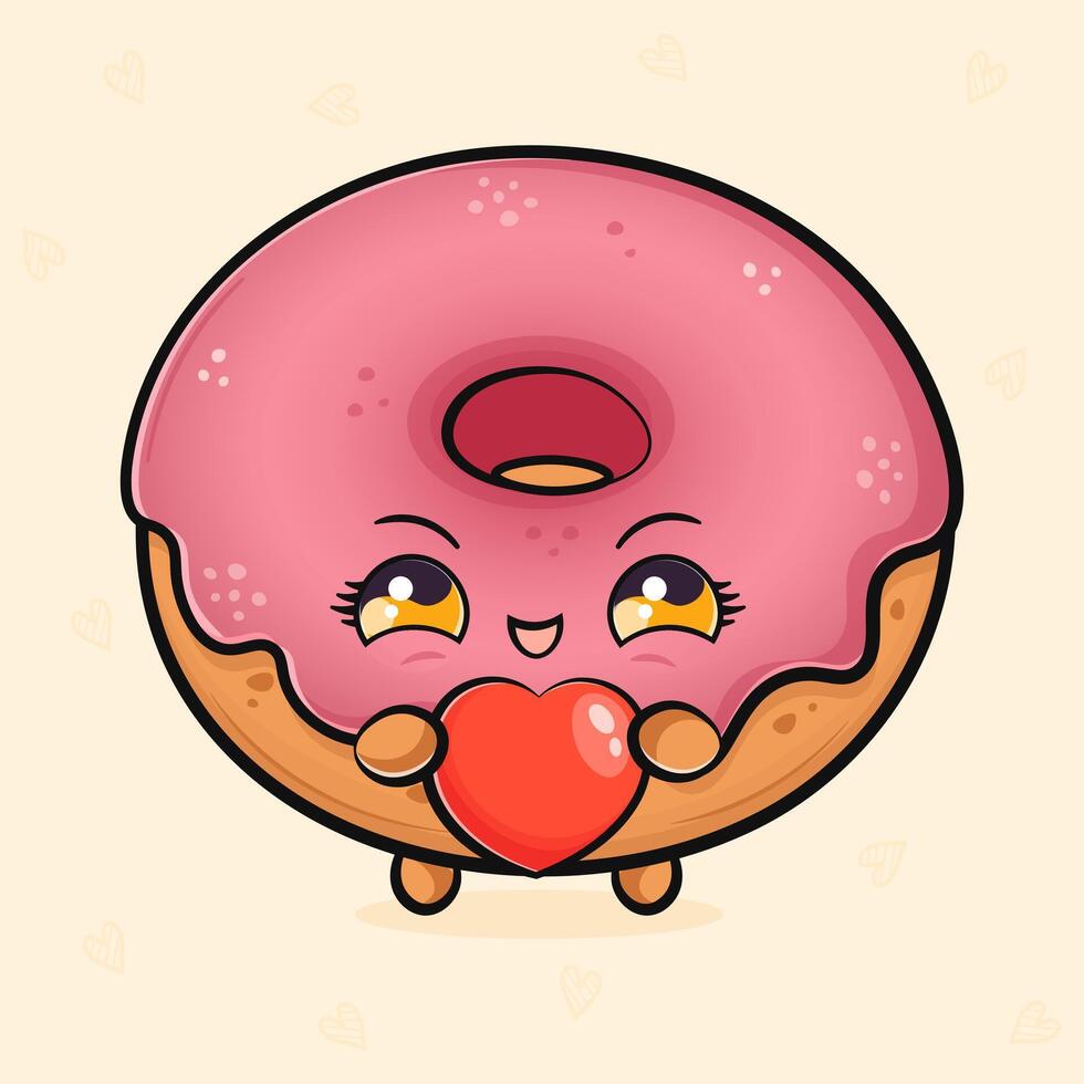 Cute funny pink Donut with heart in hand. hand drawn cartoon kawaii character illustration icon. Isolated on light background. Donut character concept vector