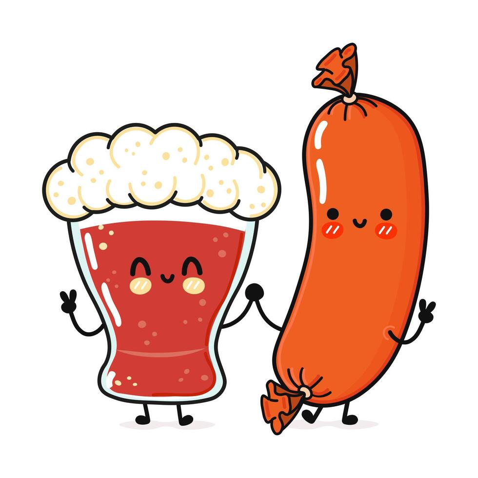 Cute, funny happy glass of beer and sausage. hand drawn cartoon kawaii characters, illustration icon. Funny cartoon glass of beer and sausage mascot character concept vector