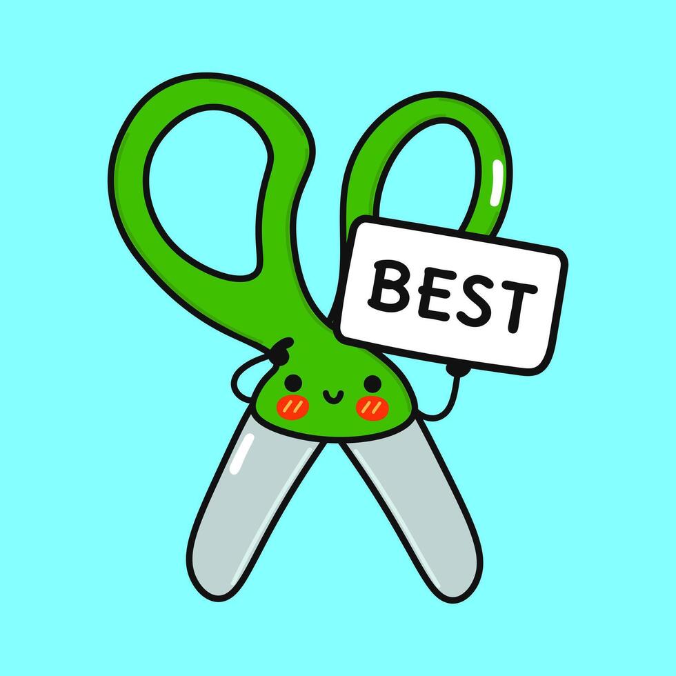 Cute Scissors with poster best. hand drawn cartoon kawaii character illustration icon. Isolated on blue background. Scissors think concept vector