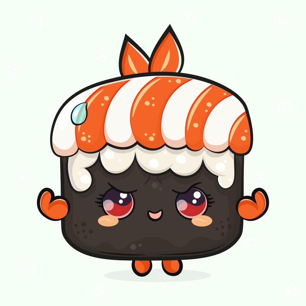 Cute funny Sushi strong. hand drawn cartoon kawaii character illustration icon. Isolated on light green background. Sushi shows muscles character concept vector