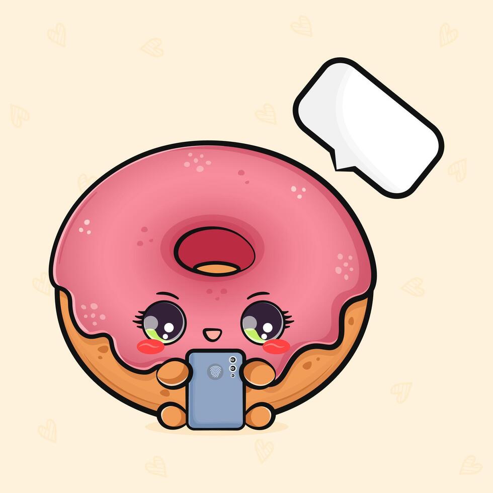 Pink Donut with a smartphone in hand. hand drawn cartoon kawaii character illustration icon. Isolated on light green background. Pink Donut character concept vector