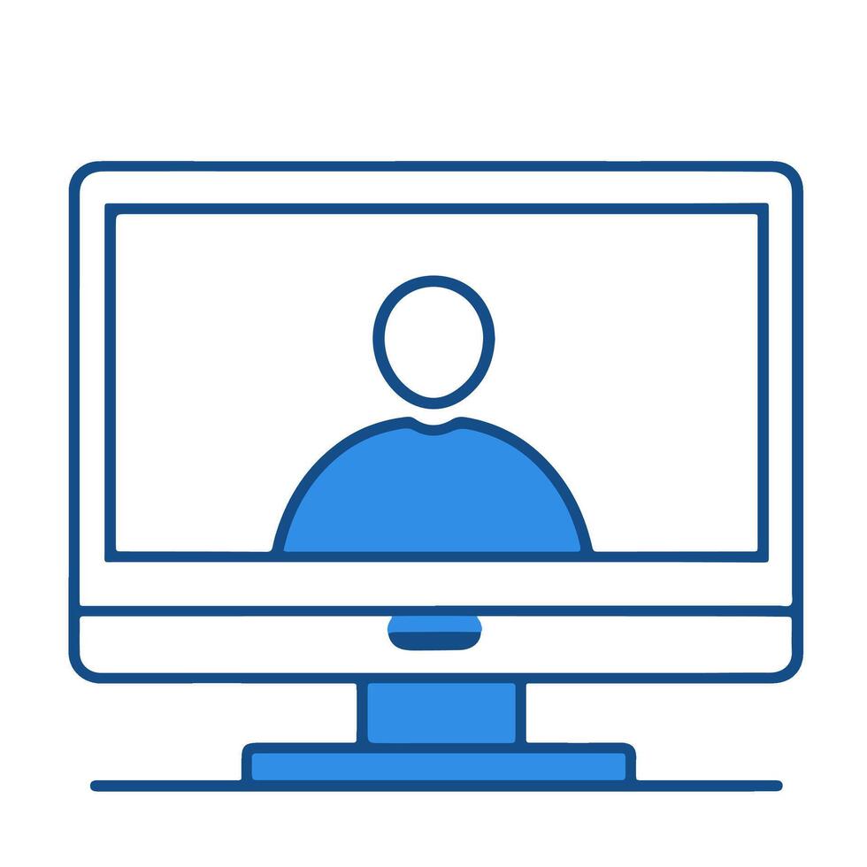 Simple blue illustration of a person on a computer screen representing virtual communication vector