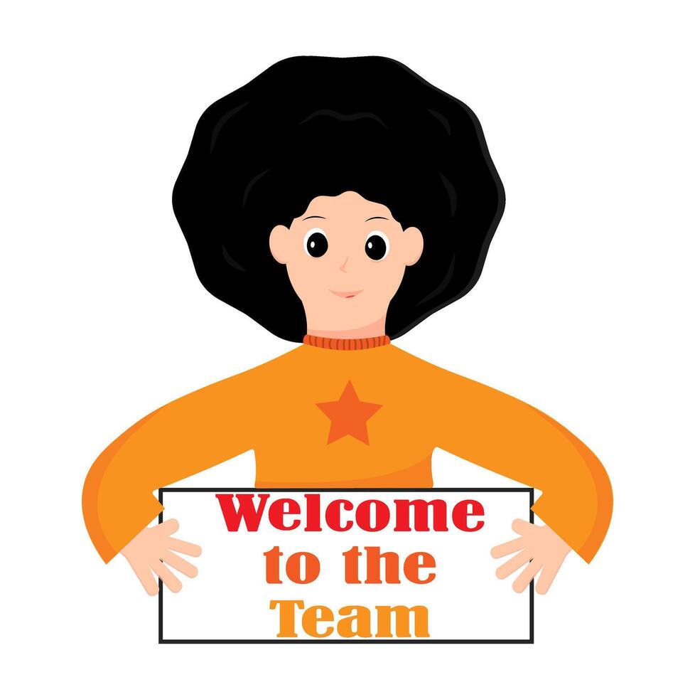 A cheerful cartoon character holding a welcome sign for new team members in a bright design vector