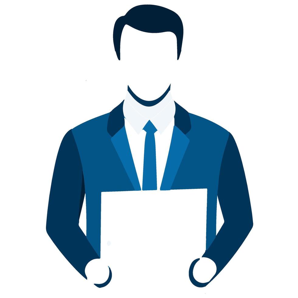 Businessman in a suit holding a blank document against a simple background in a professional setting vector