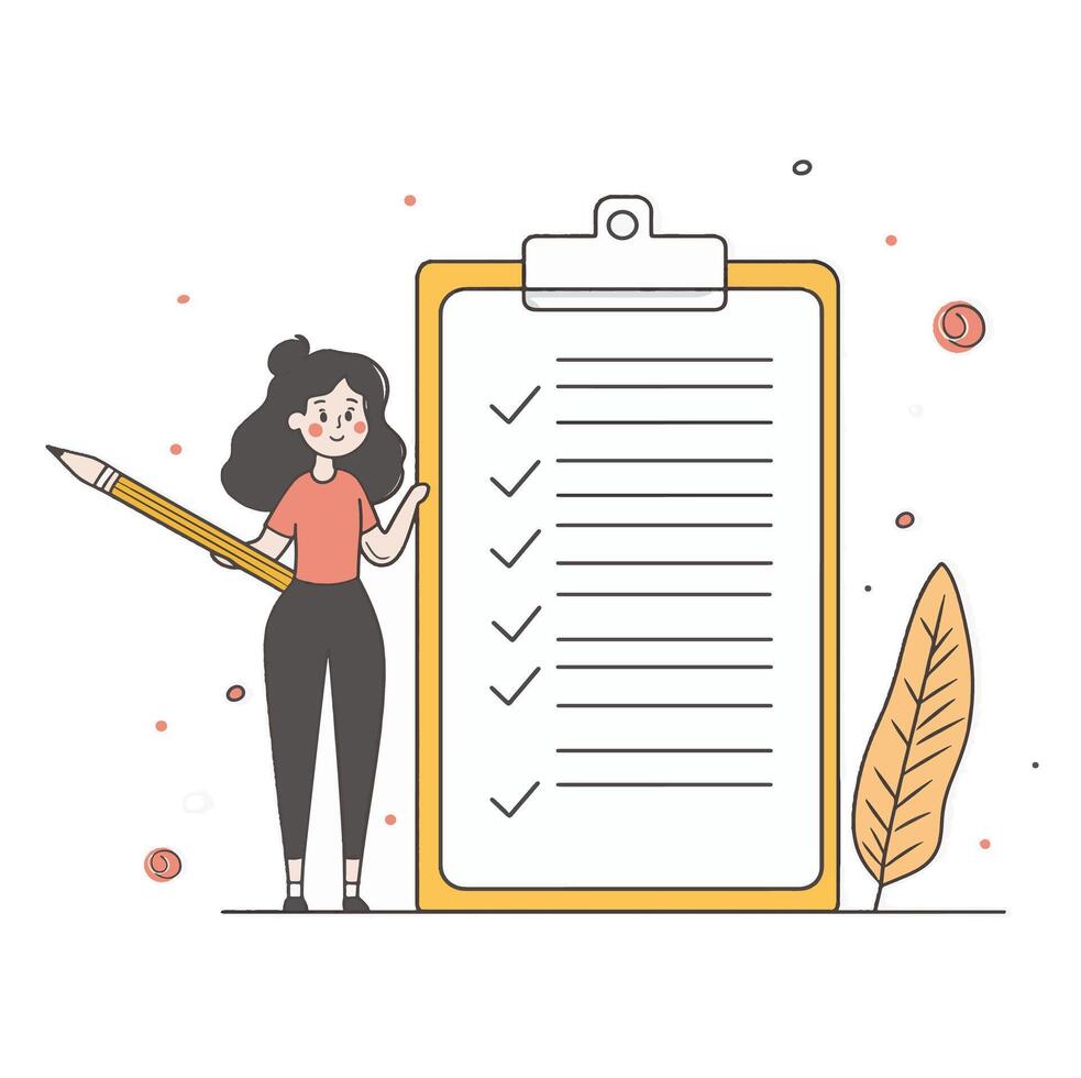 A woman holding a pencil next to a checklist while standing in a bright, minimalist workspace vector