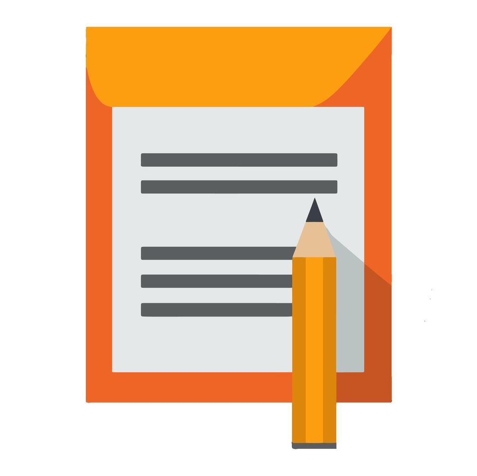 A yellow pencil rests beside an orange notepad with lined pages on a clean white background vector