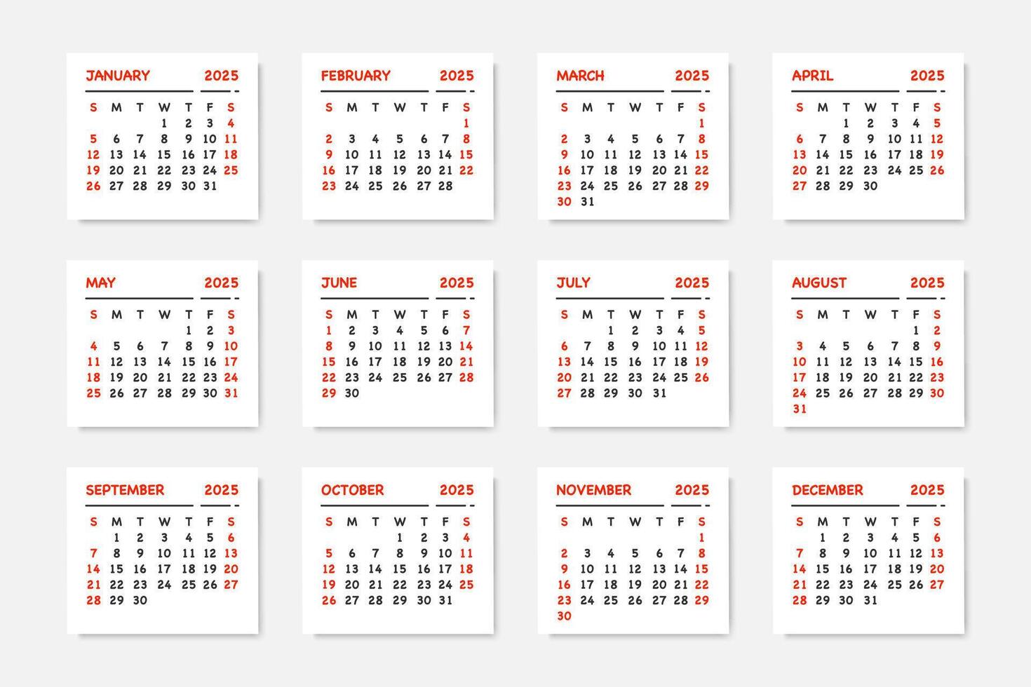 Calendar 2025. Monthly schedule template. Month business planner. Desk date. Week, day event. vector