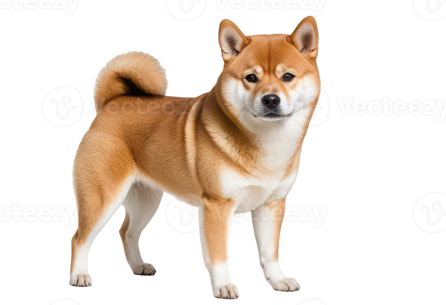 A cheerful Shiba Inu dog standing with a curled tail and smiling expression, isolated on transparent background. png