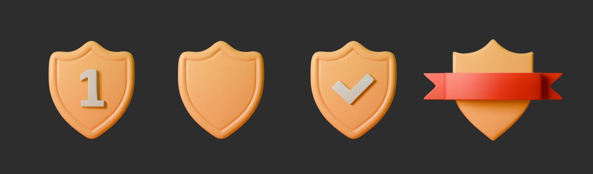 Collection of 3D shields with various designs number one, checkmark, blank, and a red ribbon. Ideal for representing security, achievements, awards, rankings, and badges in designs vector