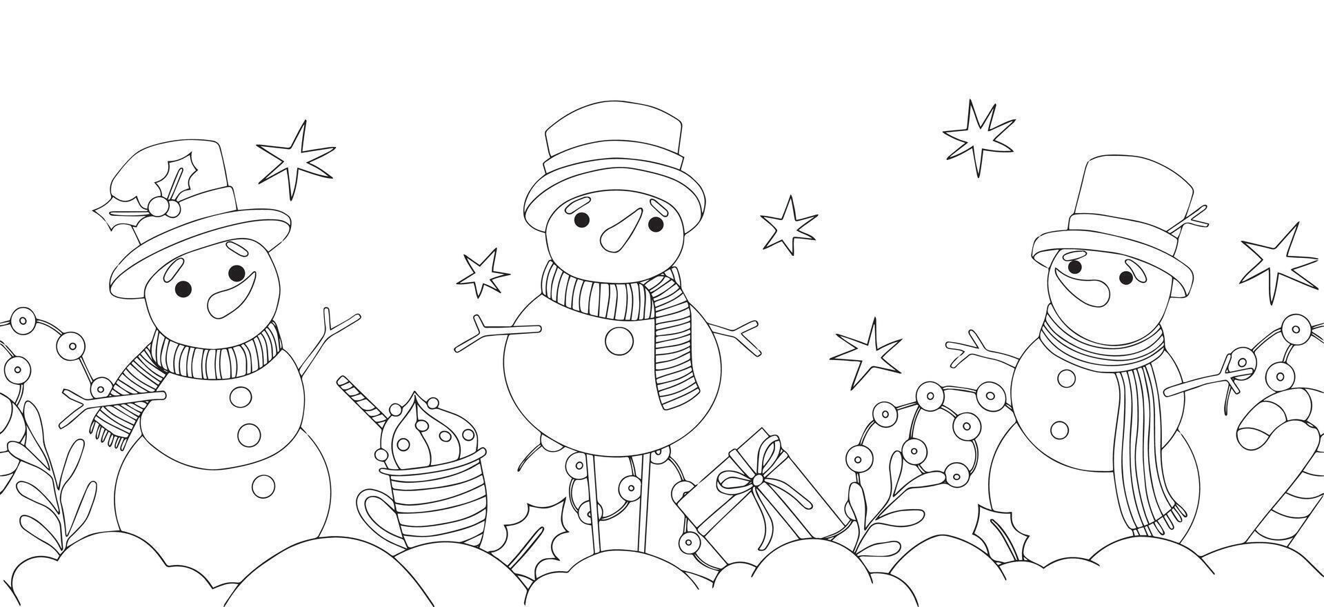 Coloring book. Christmas seamless border. Illustration with cute snowmen. In doodle style vector