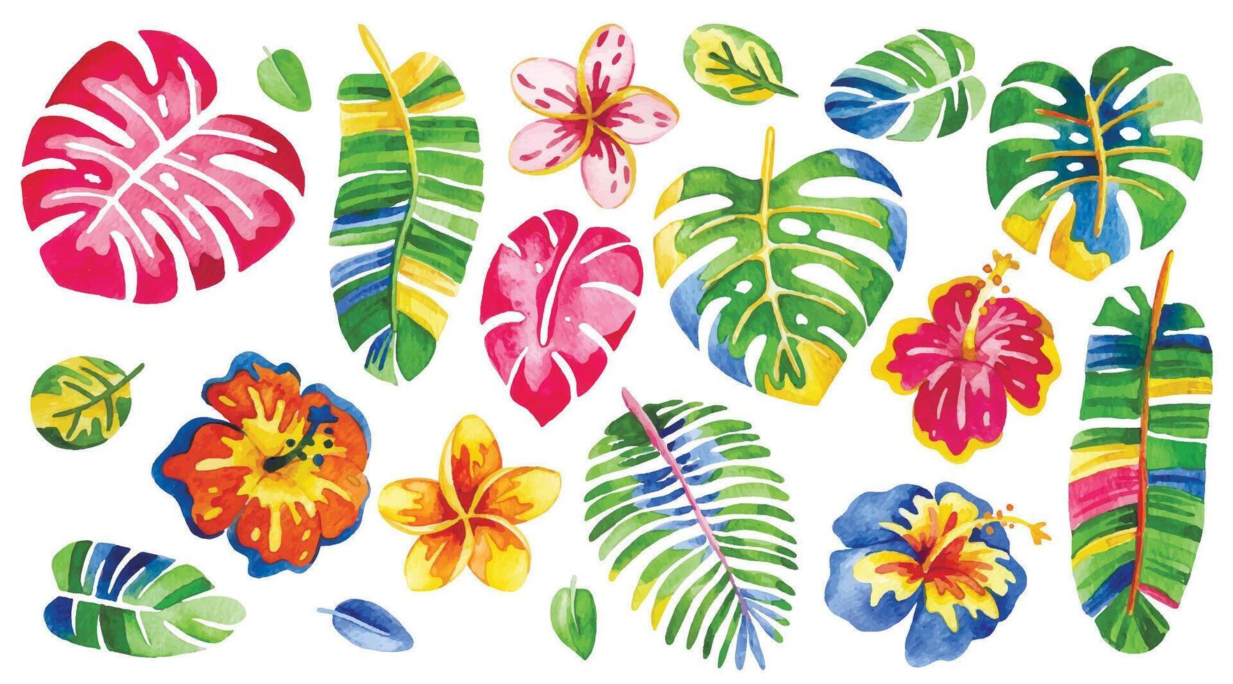 set of colorful, flowers and tropical leaves. abstraction, psychedelic. vector