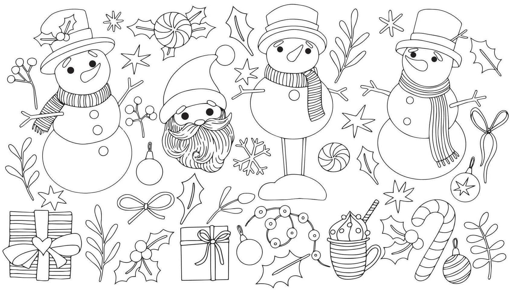 Coloring book. Illustration, set of Christmas elements, snowmen and Santa Claus. Cute doodle drawings vector