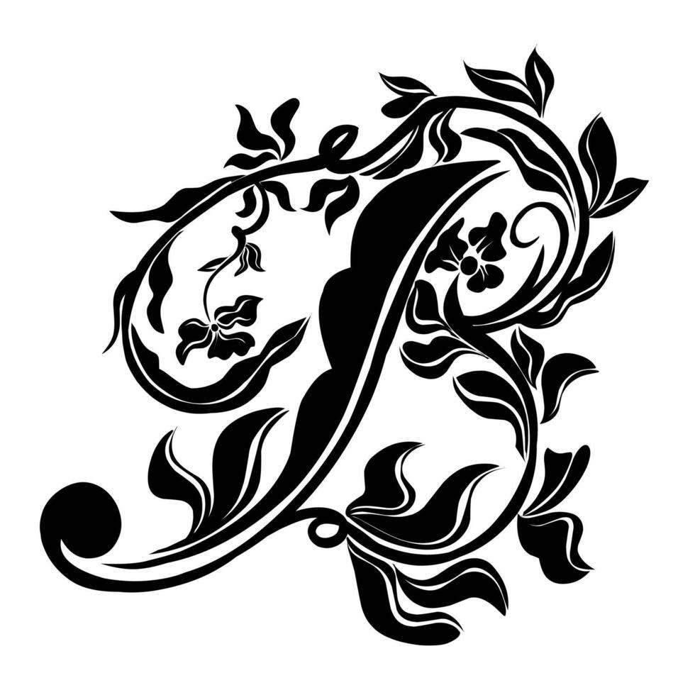 The letter f is decorated with leaves and flowers vector
