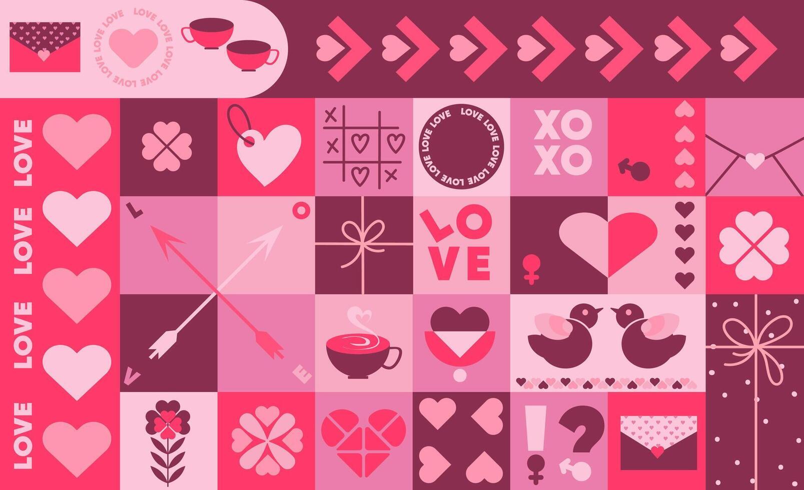 Abstract Geometric Valentine's day mosaic background, icons and symbols set, greeting card, cover, label, sale promotion templates.Love and heart romantic background, seamless pattern, banner. vector